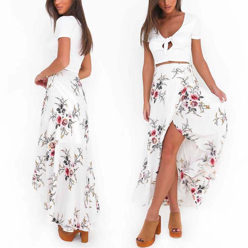 bohemian floral print high slit maxi wrap dress